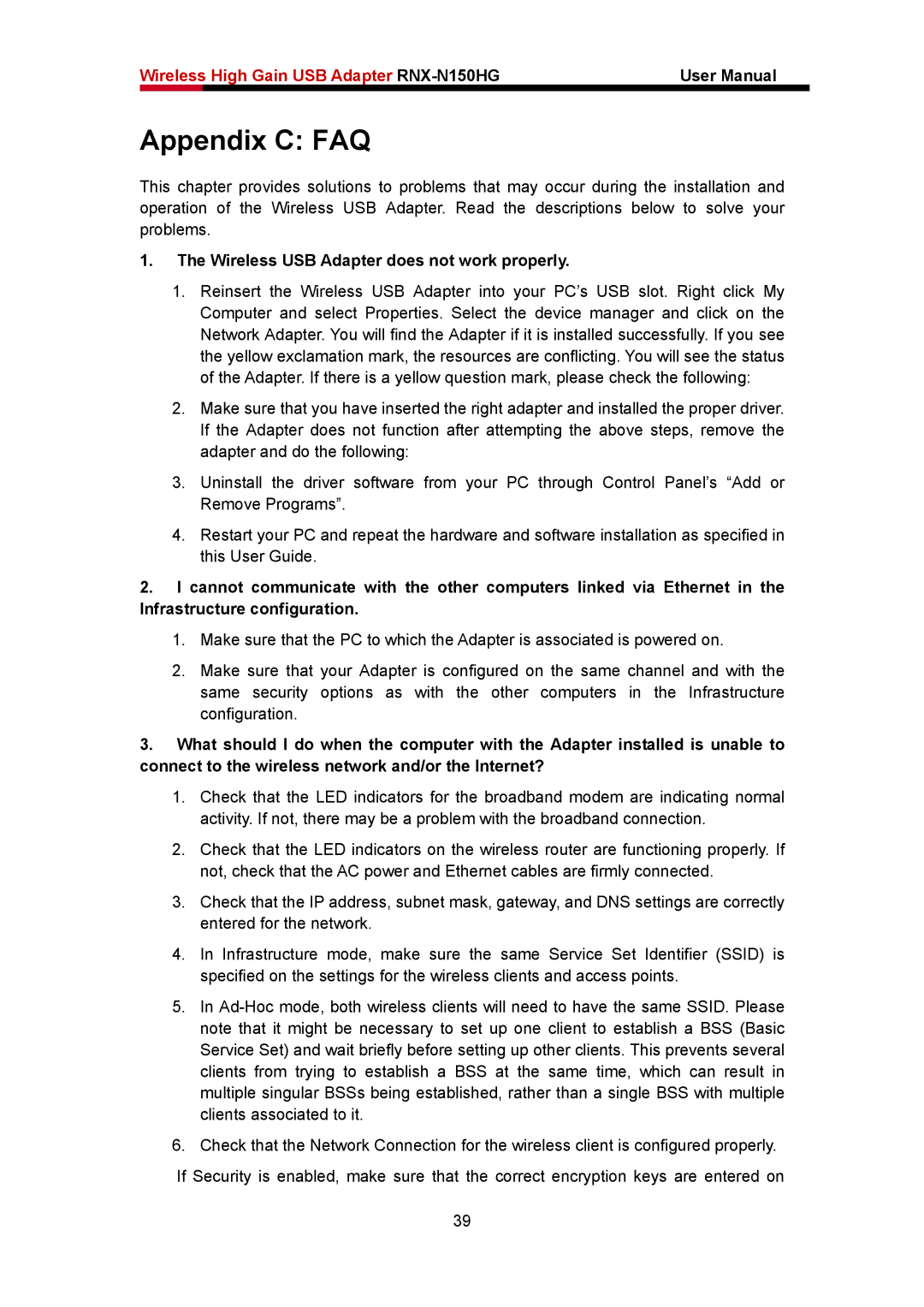 Rosewill RNX-N150HG user manual Appendix C FAQ, Wireless USB Adapter does not work properly 