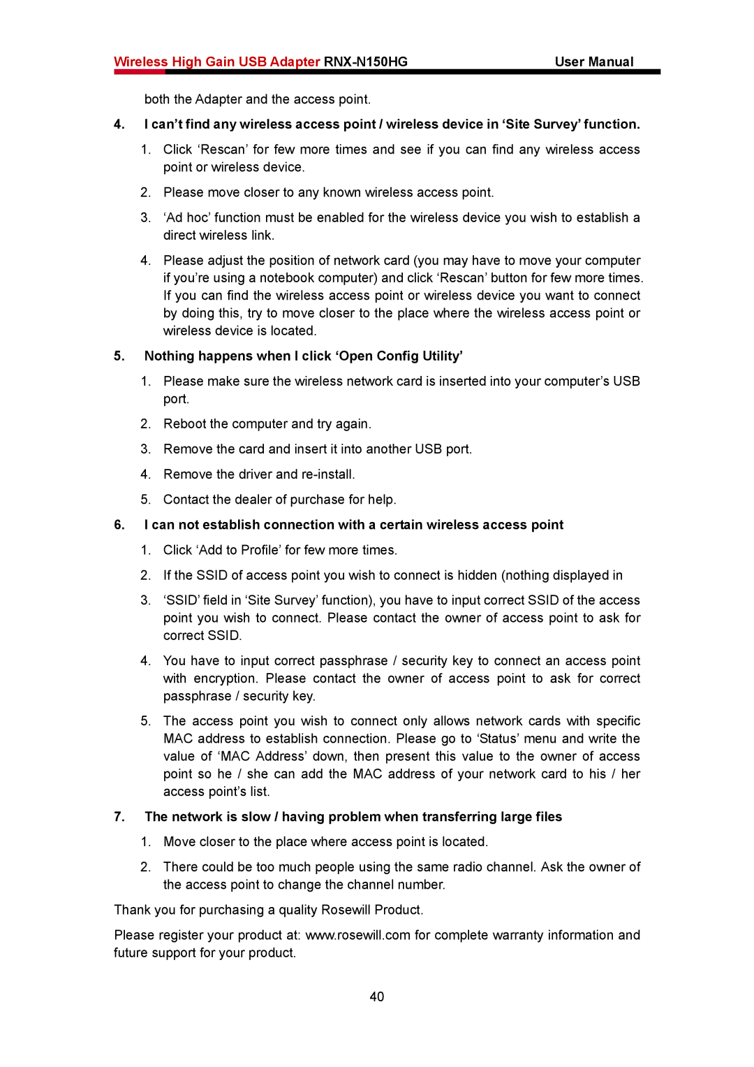 Rosewill RNX-N150HG user manual Nothing happens when I click ‘Open Config Utility’ 