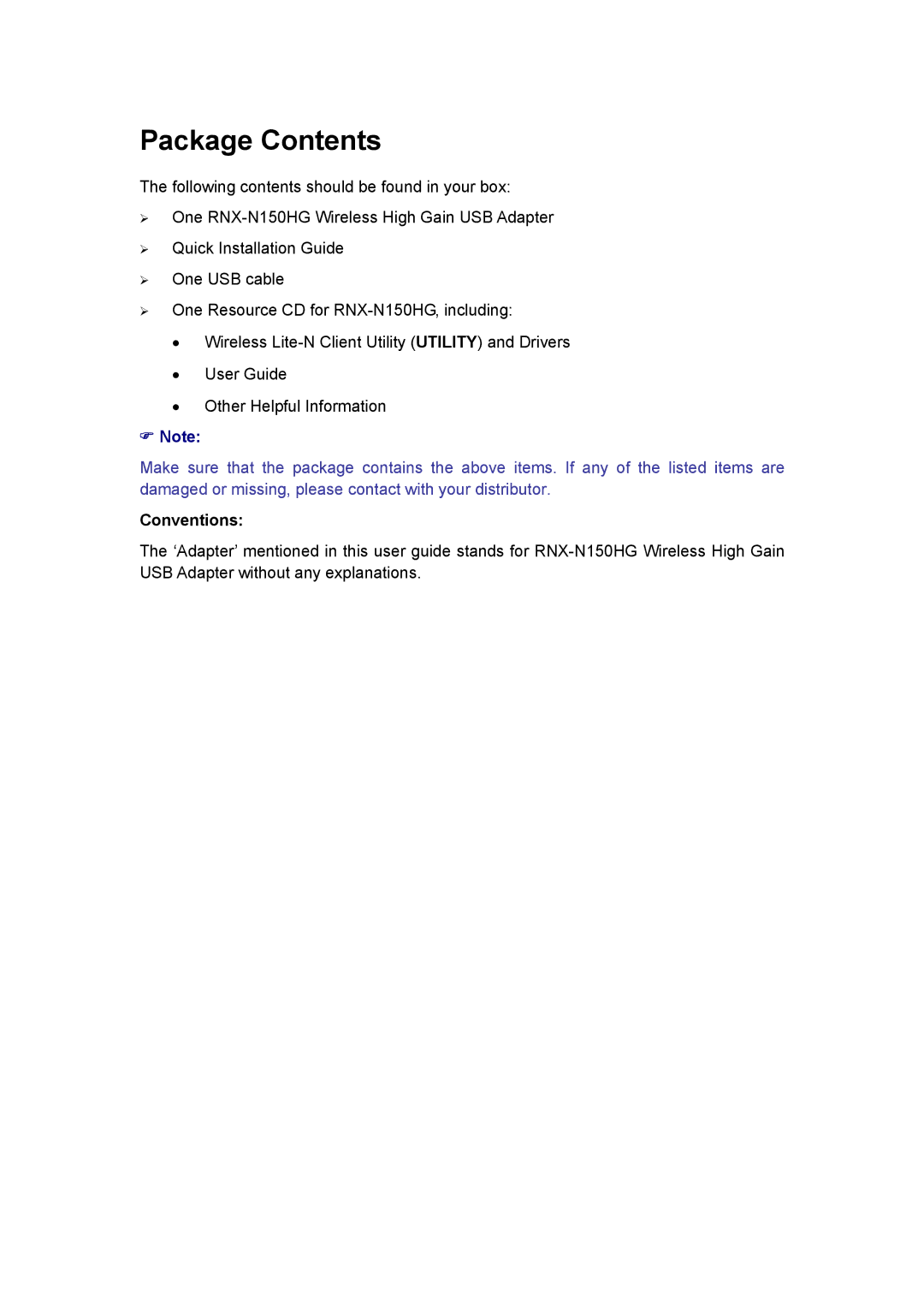 Rosewill RNX-N150HG user manual Package Contents 