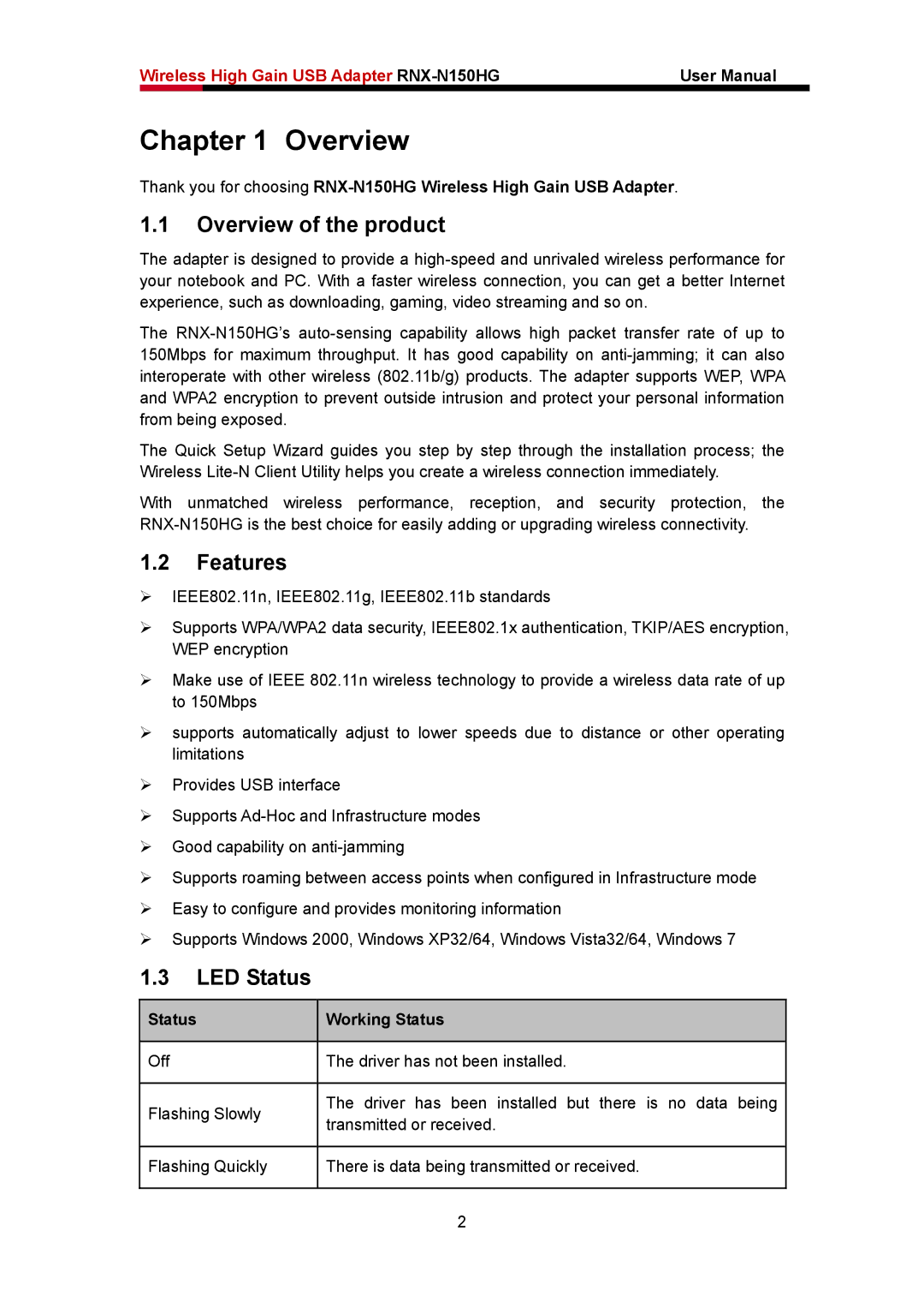 Rosewill RNX-N150HG user manual Overview of the product, Features, LED Status, Status Working Status 