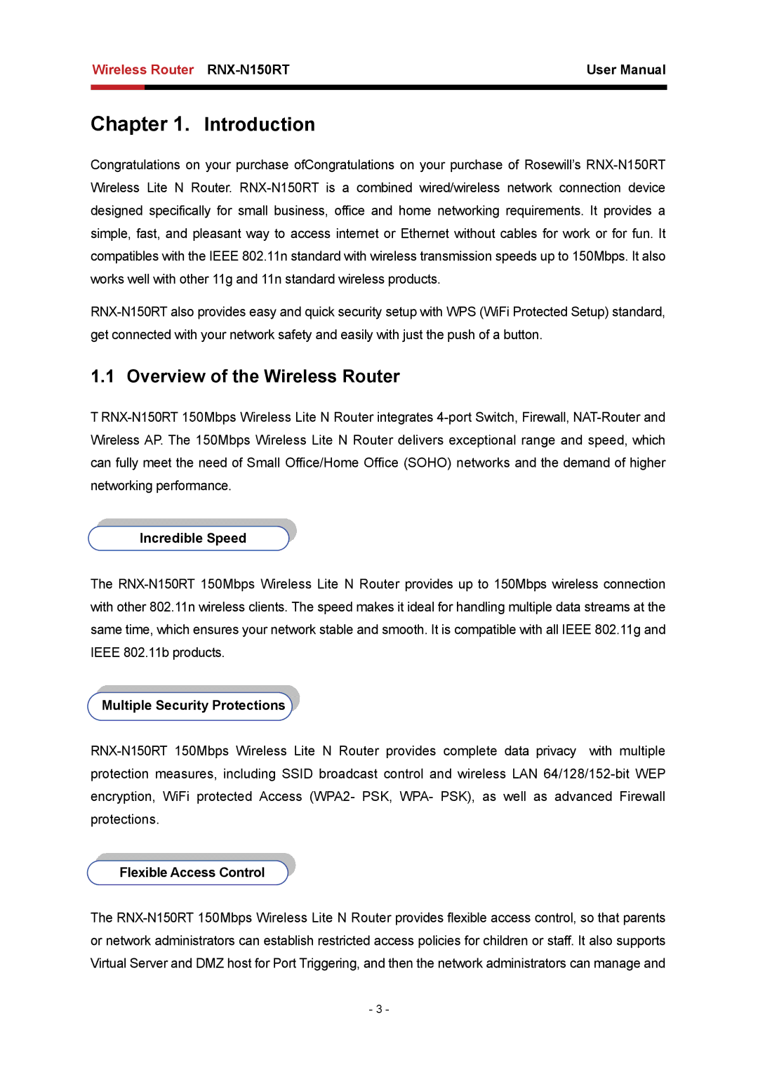 Rosewill RNX-N150RT user manual Overview of the Wireless Router, Incredible Speed, Multiple Security Protections 