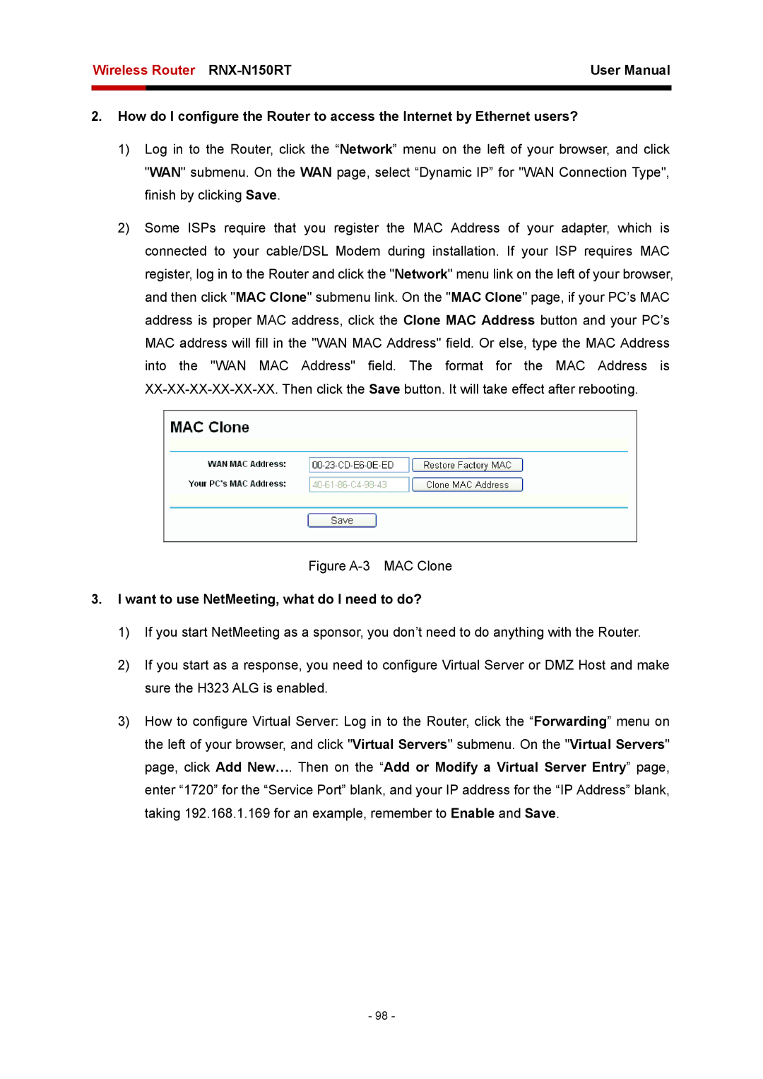 Rosewill RNX-N150RT user manual Figure A-3 MAC Clone, Want to use NetMeeting, what do I need to do? 