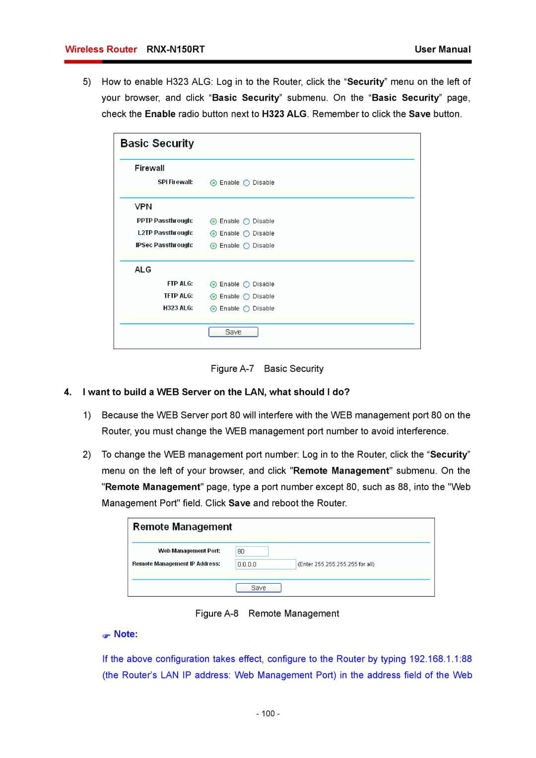 Rosewill RNX-N150RT user manual Figure A-7 Basic Security, Want to build a WEB Server on the LAN, what should I do? 