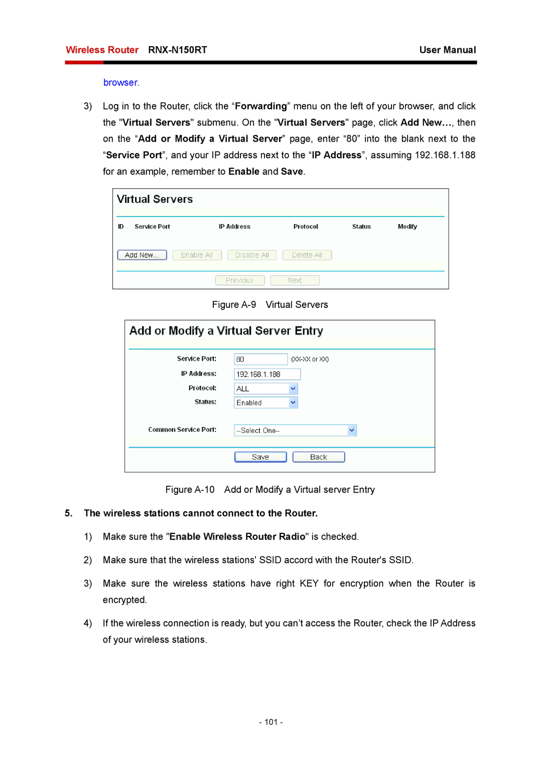 Rosewill RNX-N150RT user manual Browser, Wireless stations cannot connect to the Router 