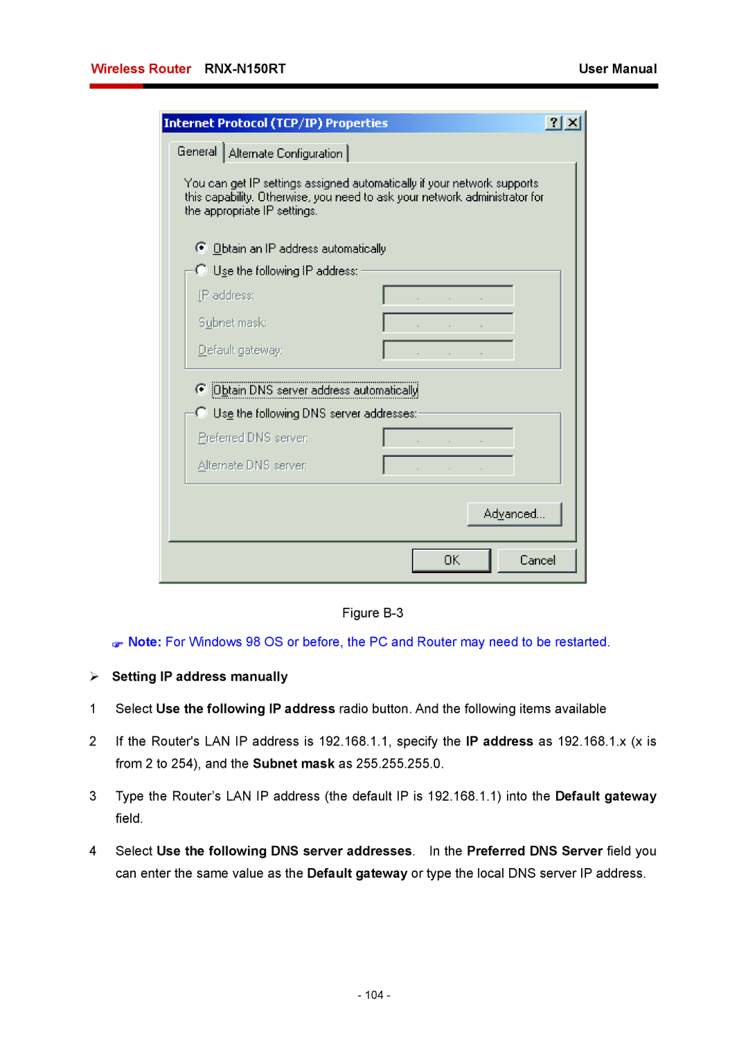 Rosewill RNX-N150RT user manual Figure B-3, ¾ Setting IP address manually 