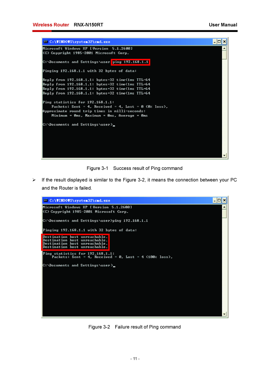 Rosewill RNX-N150RT user manual Failure result of Ping command 