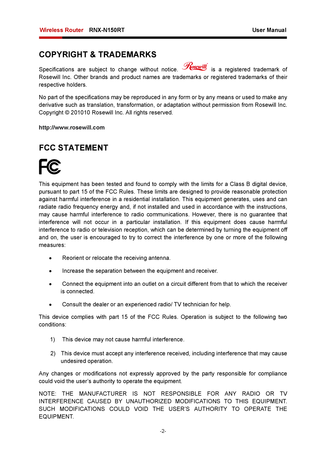 Rosewill RNX-N150RT user manual Copyright & Trademarks 