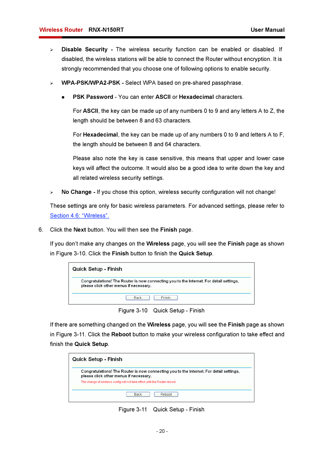 Rosewill RNX-N150RT user manual PSK Password You can enter Ascii or Hexadecimal characters, Quick Setup Finish 