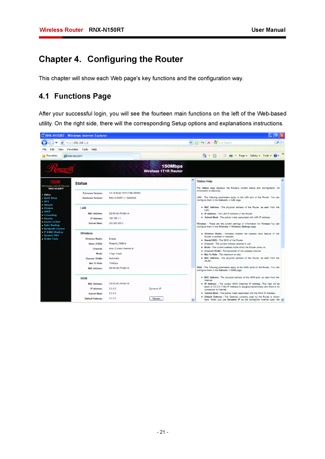 Rosewill RNX-N150RT user manual Configuring the Router, Functions 