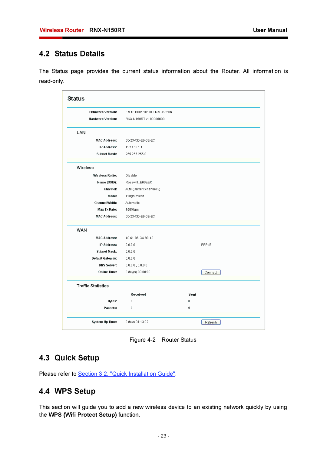 Rosewill RNX-N150RT user manual Status Details, Quick Setup, WPS Setup 