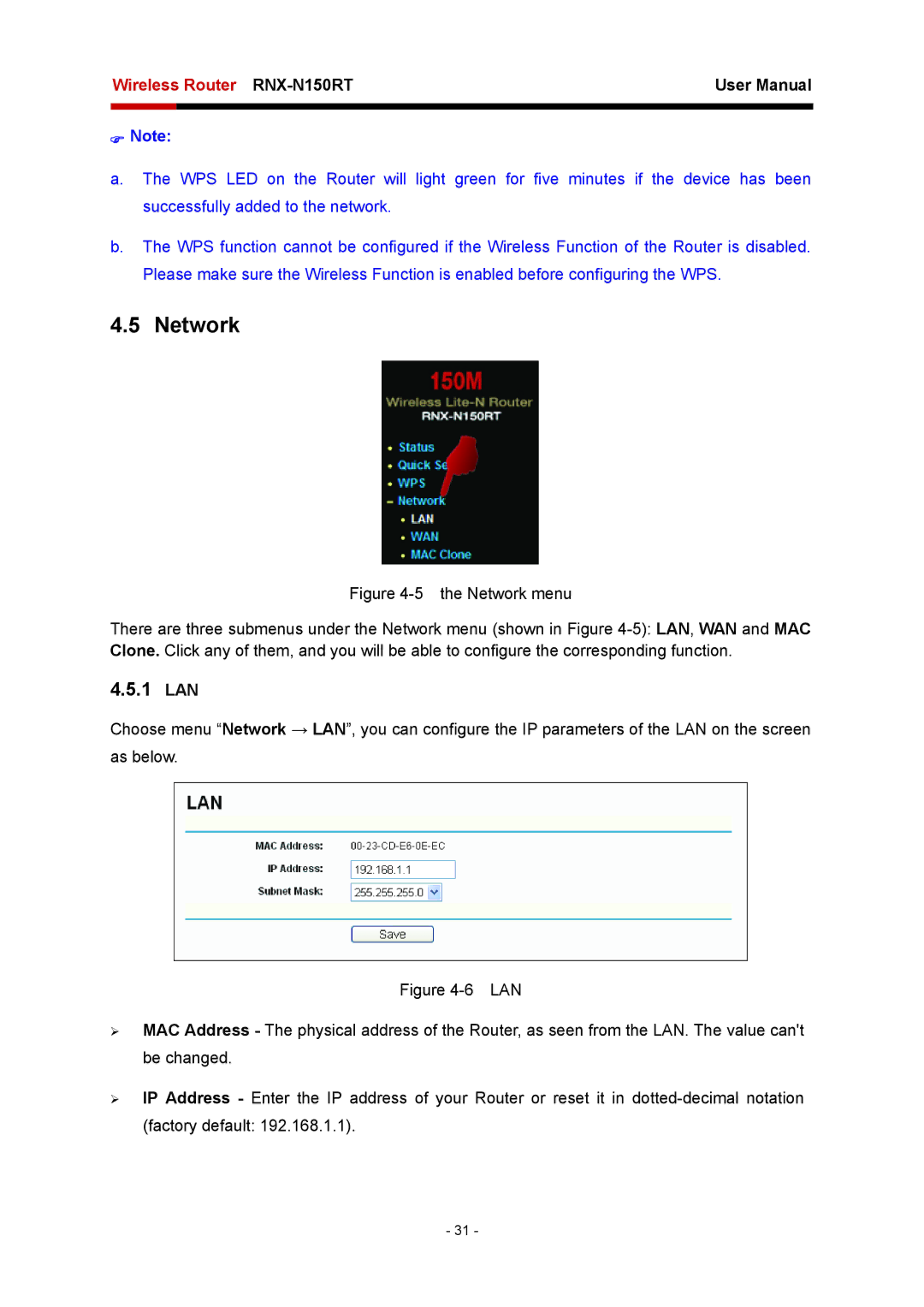 Rosewill RNX-N150RT user manual Network, 1 LAN 