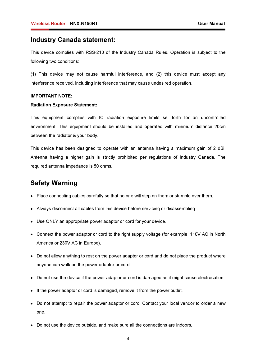 Rosewill RNX-N150RT user manual Industry Canada statement, Radiation Exposure Statement 