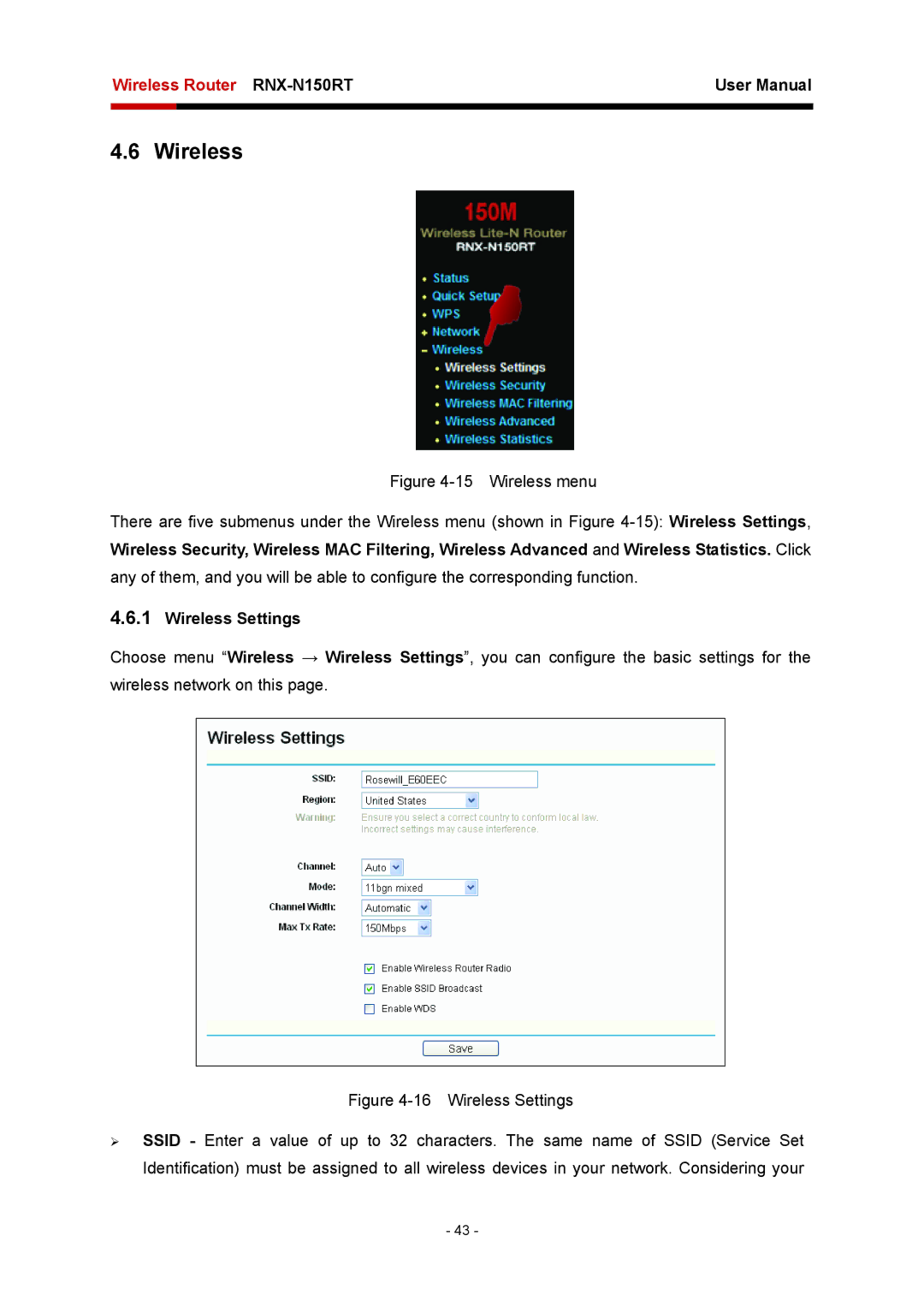 Rosewill RNX-N150RT user manual Wireless Settings 