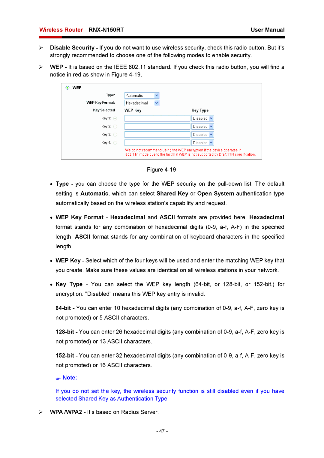 Rosewill RNX-N150RT user manual ¾ WPA /WPA2 It’s based on Radius Server 