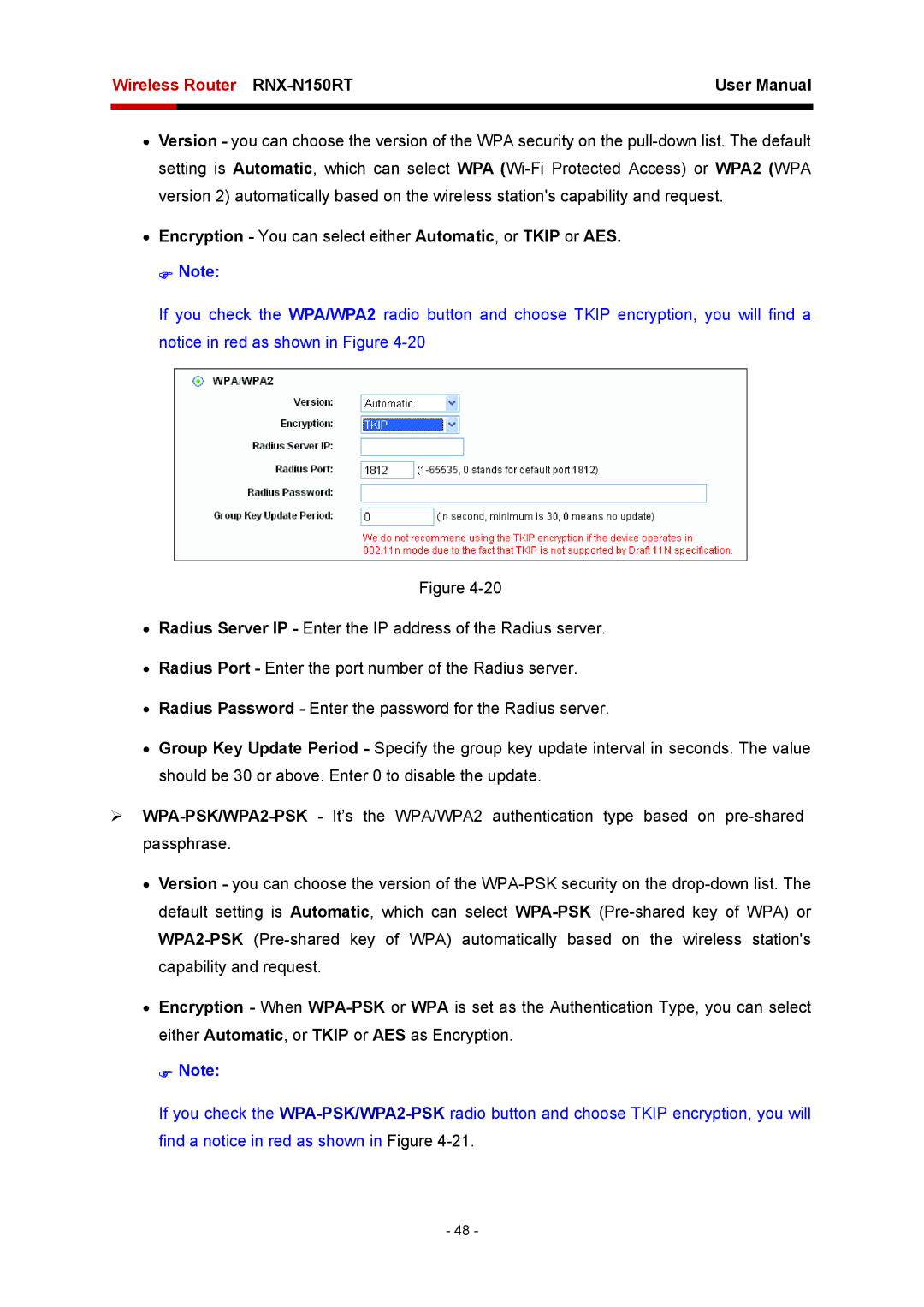 Rosewill RNX-N150RT user manual Encryption You can select either Automatic, or Tkip or AES 