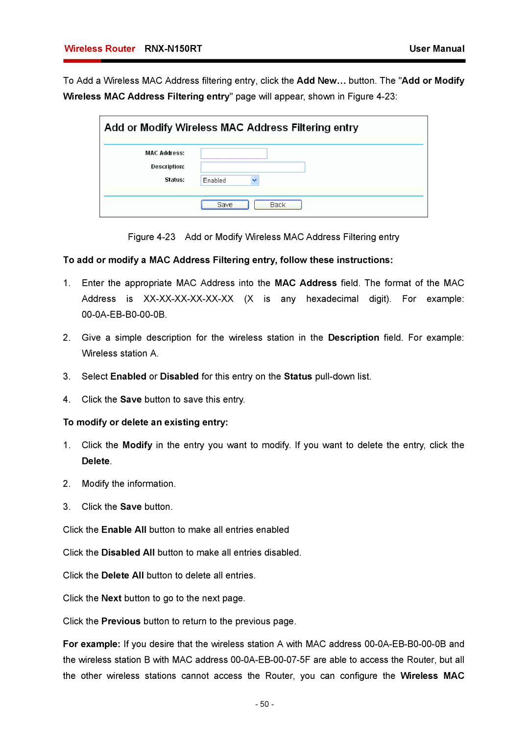 Rosewill RNX-N150RT user manual Add or Modify Wireless MAC Address Filtering entry, To modify or delete an existing entry 