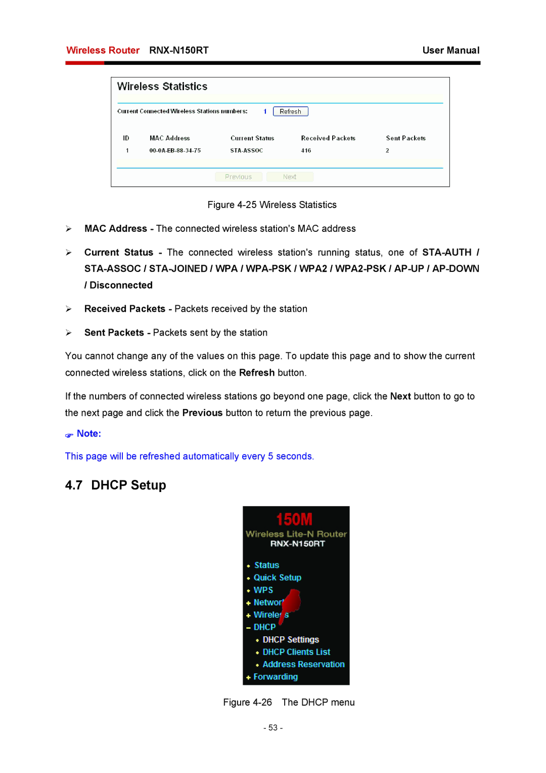 Rosewill RNX-N150RT user manual Dhcp Setup, The Dhcp menu 