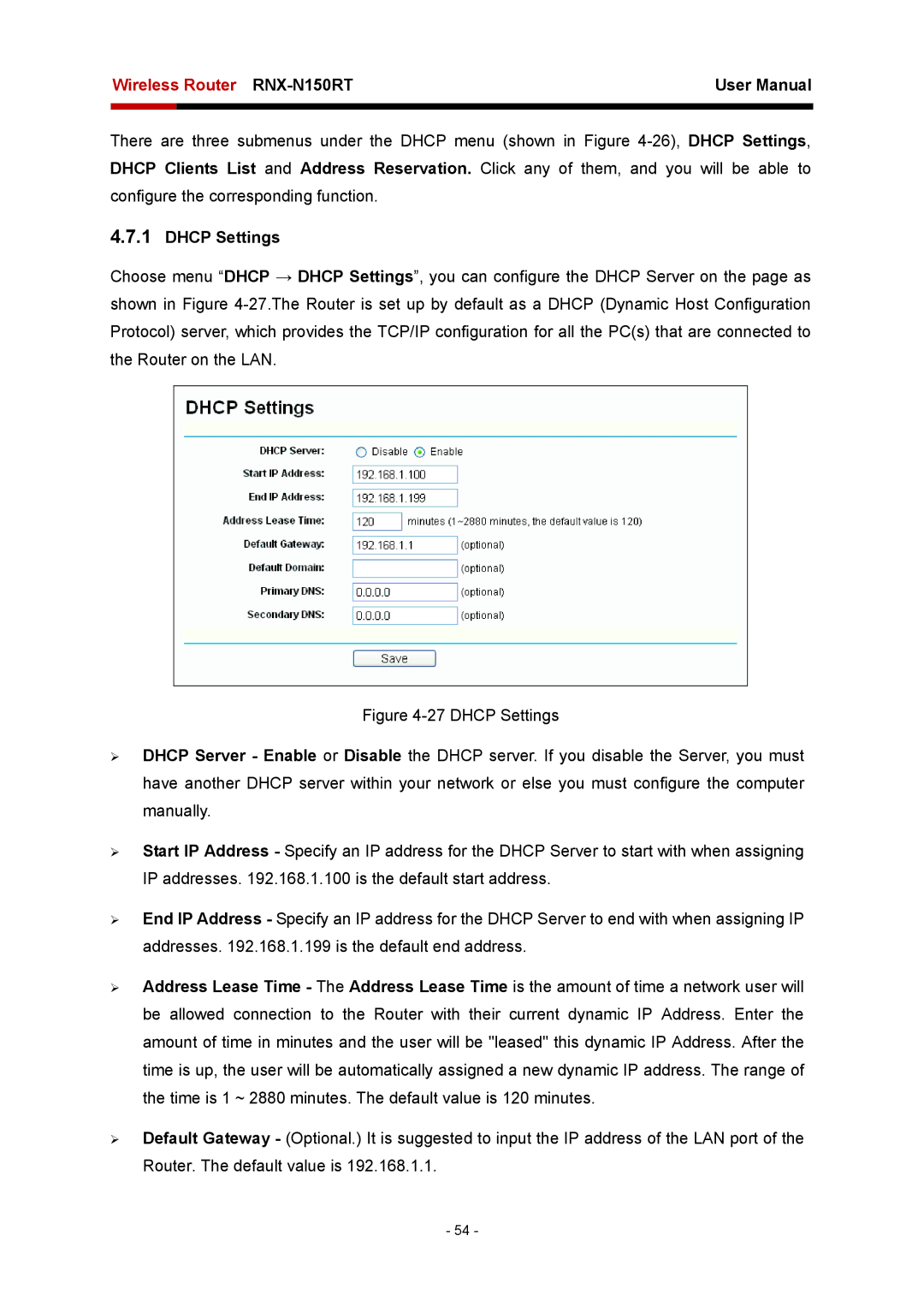 Rosewill RNX-N150RT user manual Dhcp Settings 