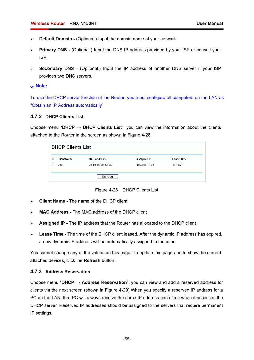 Rosewill RNX-N150RT user manual Dhcp Clients List, Address Reservation 