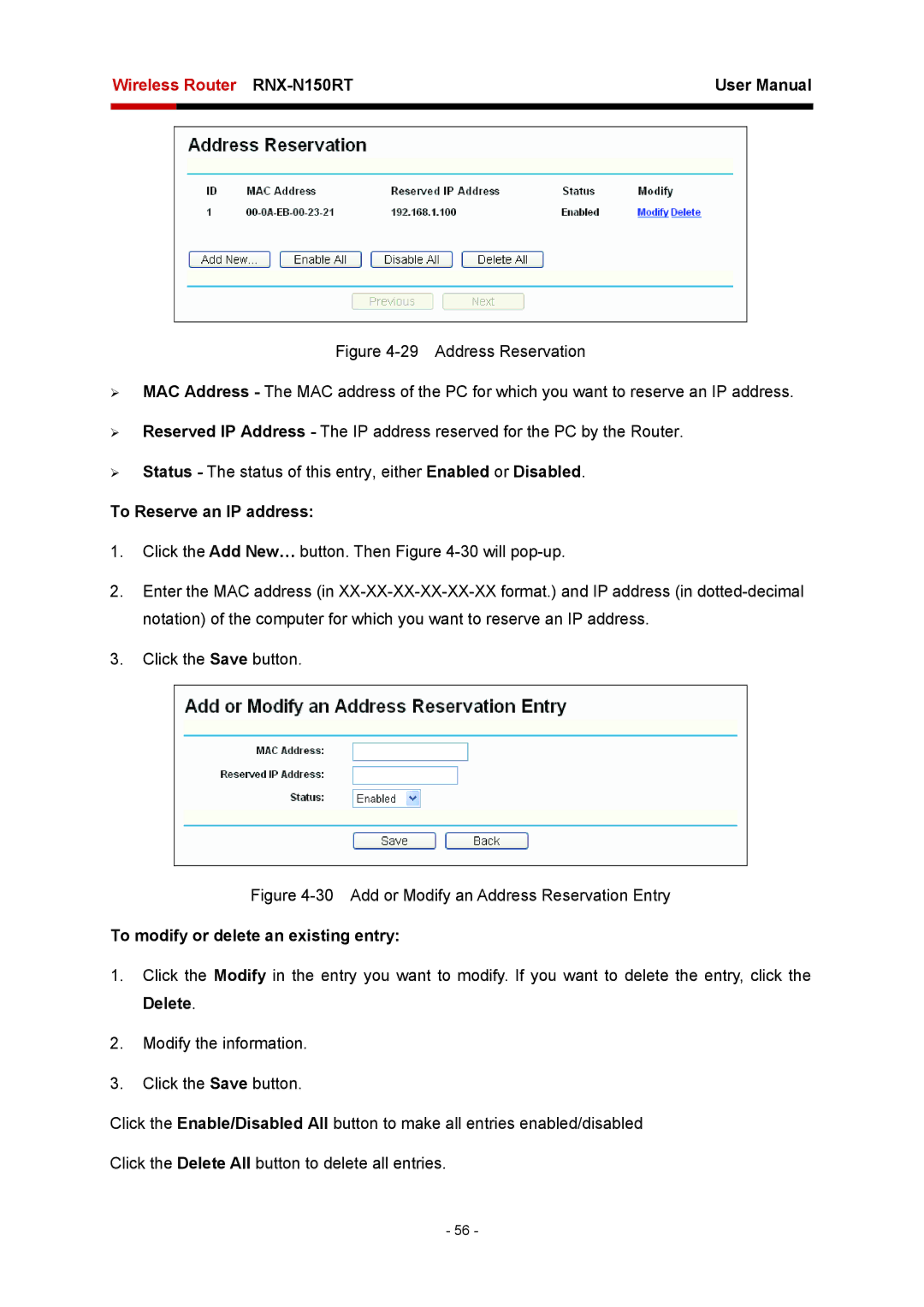 Rosewill RNX-N150RT user manual To Reserve an IP address, Add or Modify an Address Reservation Entry 