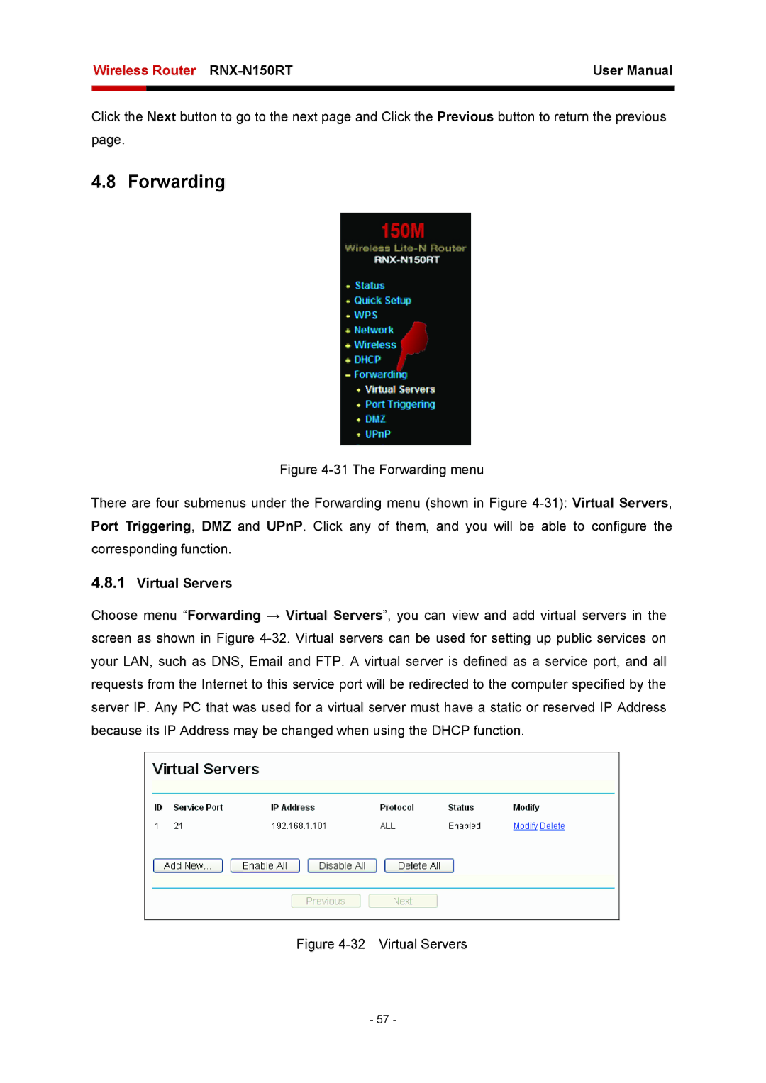 Rosewill RNX-N150RT user manual Forwarding, Virtual Servers 