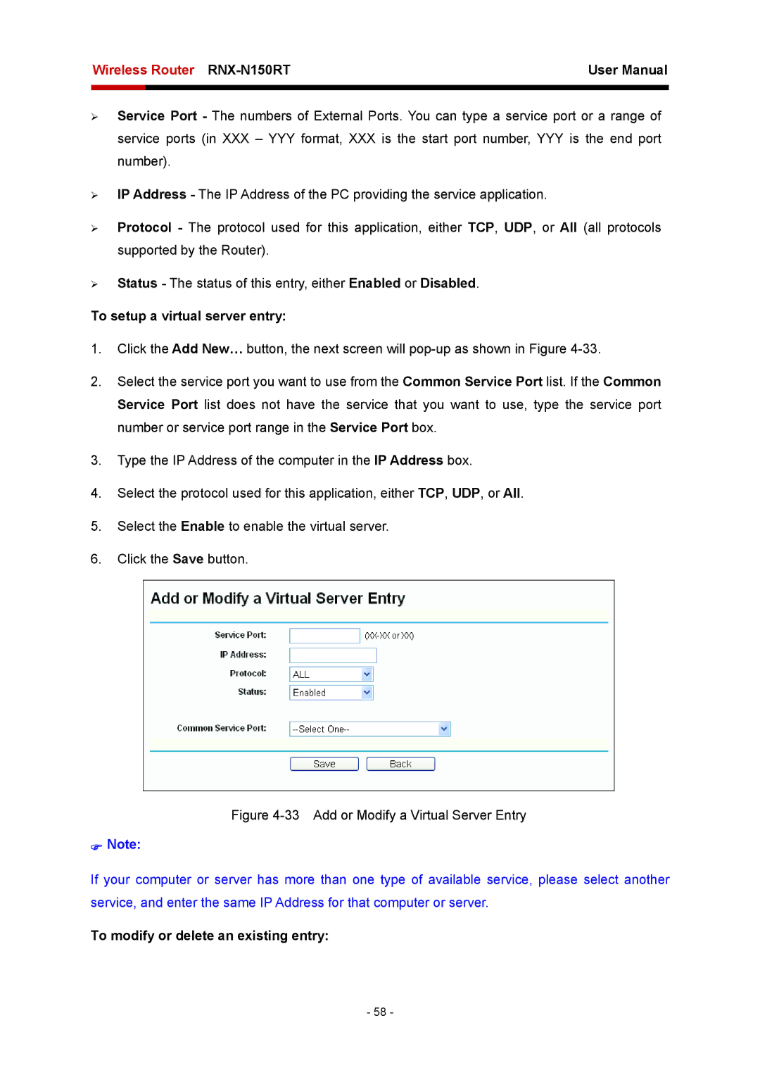 Rosewill RNX-N150RT user manual To setup a virtual server entry, Add or Modify a Virtual Server Entry 