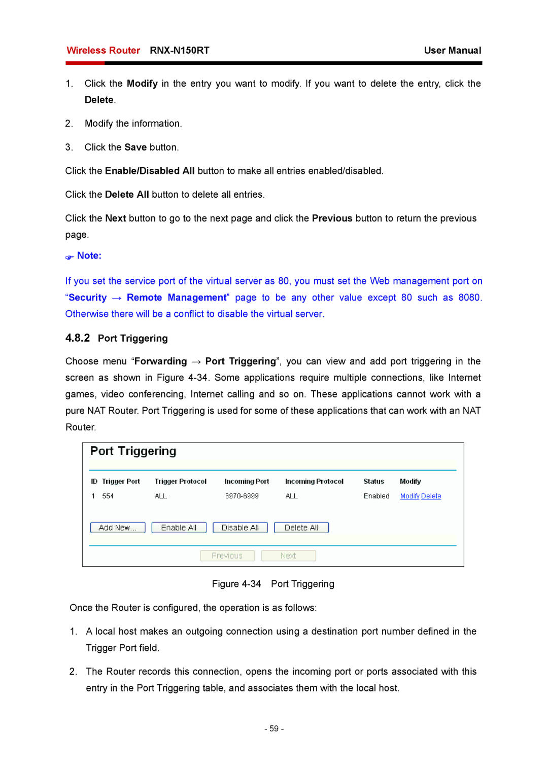 Rosewill RNX-N150RT user manual Port Triggering 