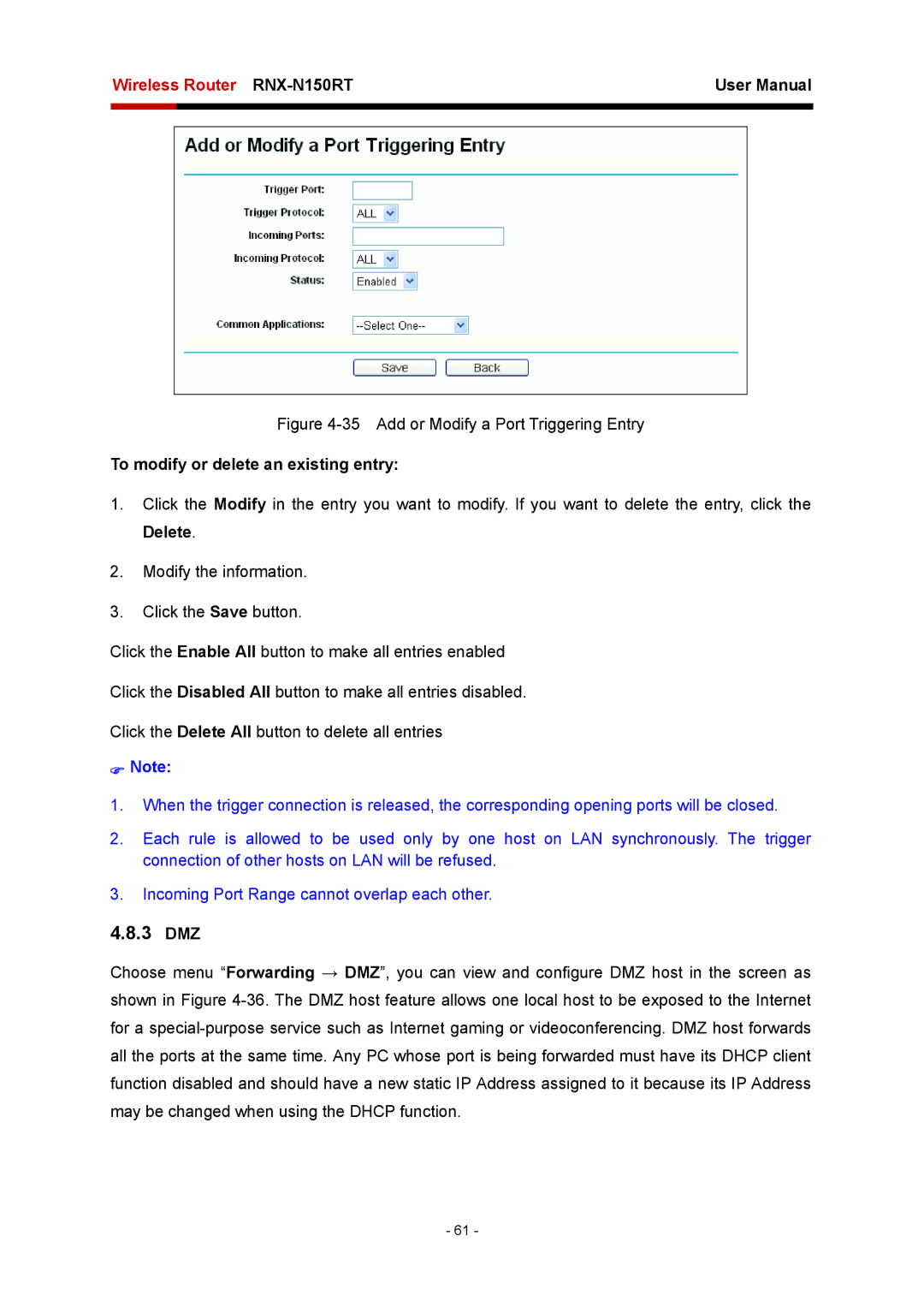 Rosewill RNX-N150RT user manual Add or Modify a Port Triggering Entry, 3 DMZ 