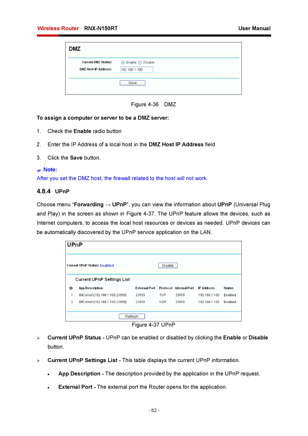 Rosewill RNX-N150RT user manual To assign a computer or server to be a DMZ server, UPnP 