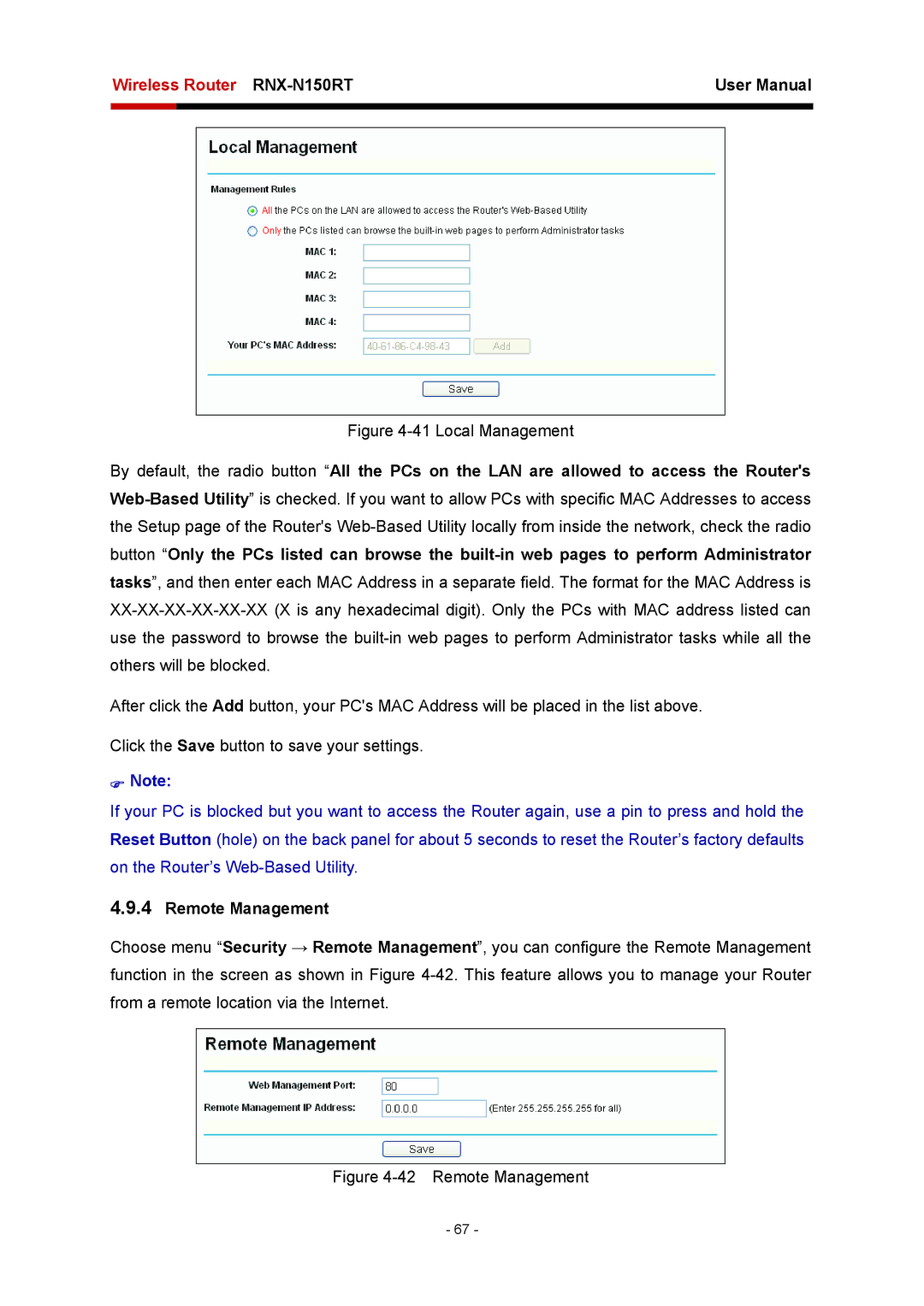 Rosewill RNX-N150RT user manual Local Management, Remote Management 