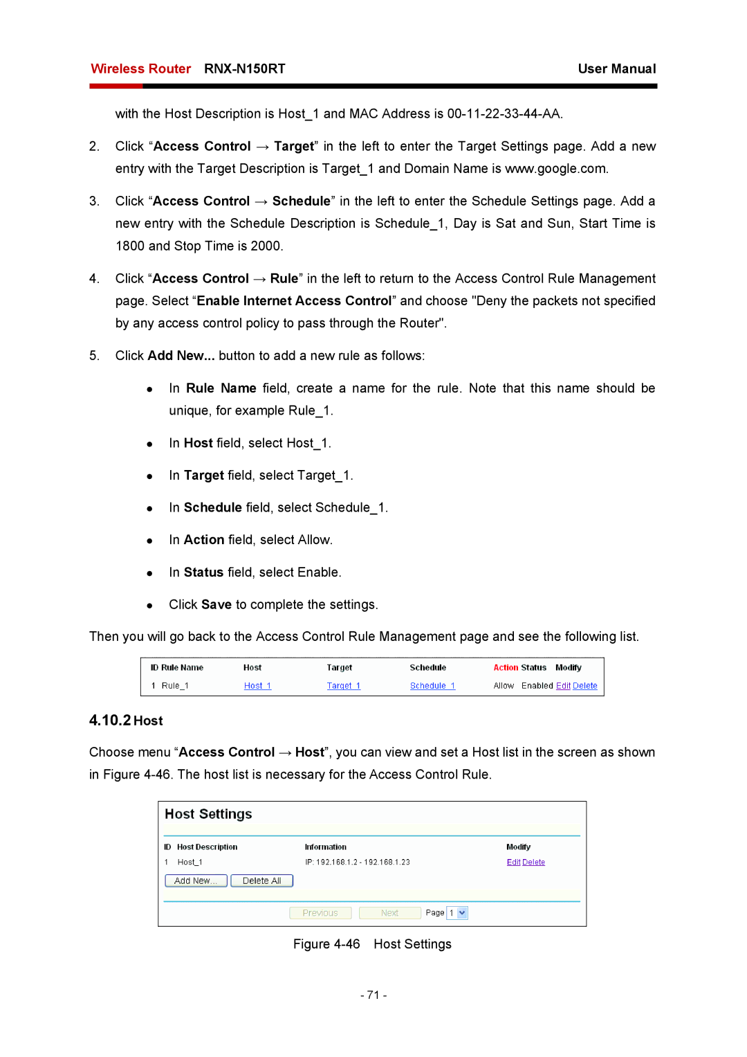 Rosewill RNX-N150RT user manual Host Settings 