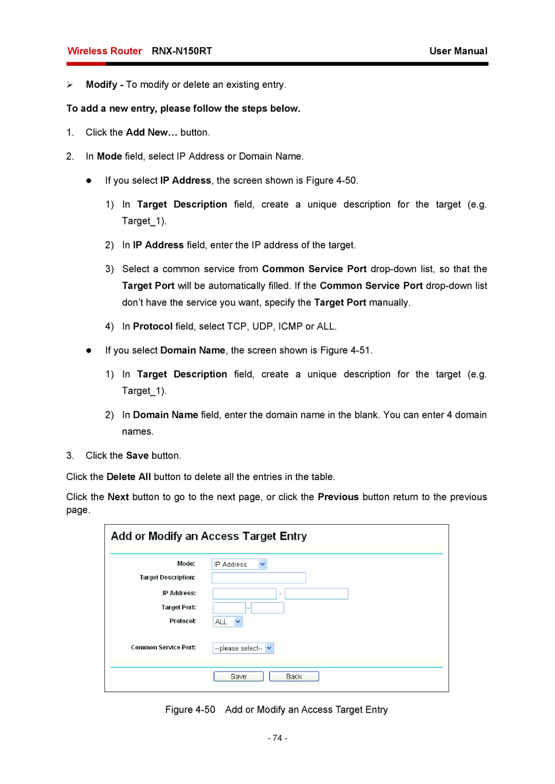 Rosewill RNX-N150RT user manual Add or Modify an Access Target Entry 