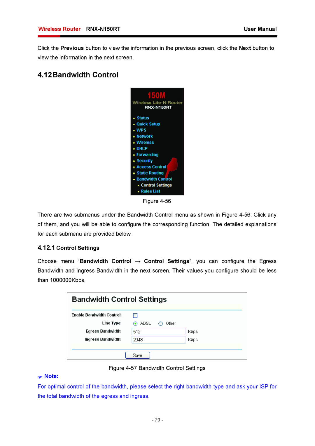 Rosewill RNX-N150RT user manual 12Bandwidth Control, Control Settings 