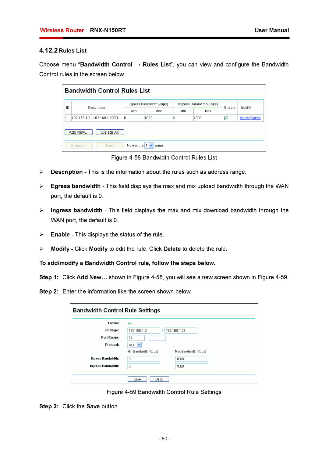 Rosewill RNX-N150RT user manual Rules List, Bandwidth Control Rule Settings Click the Save button 