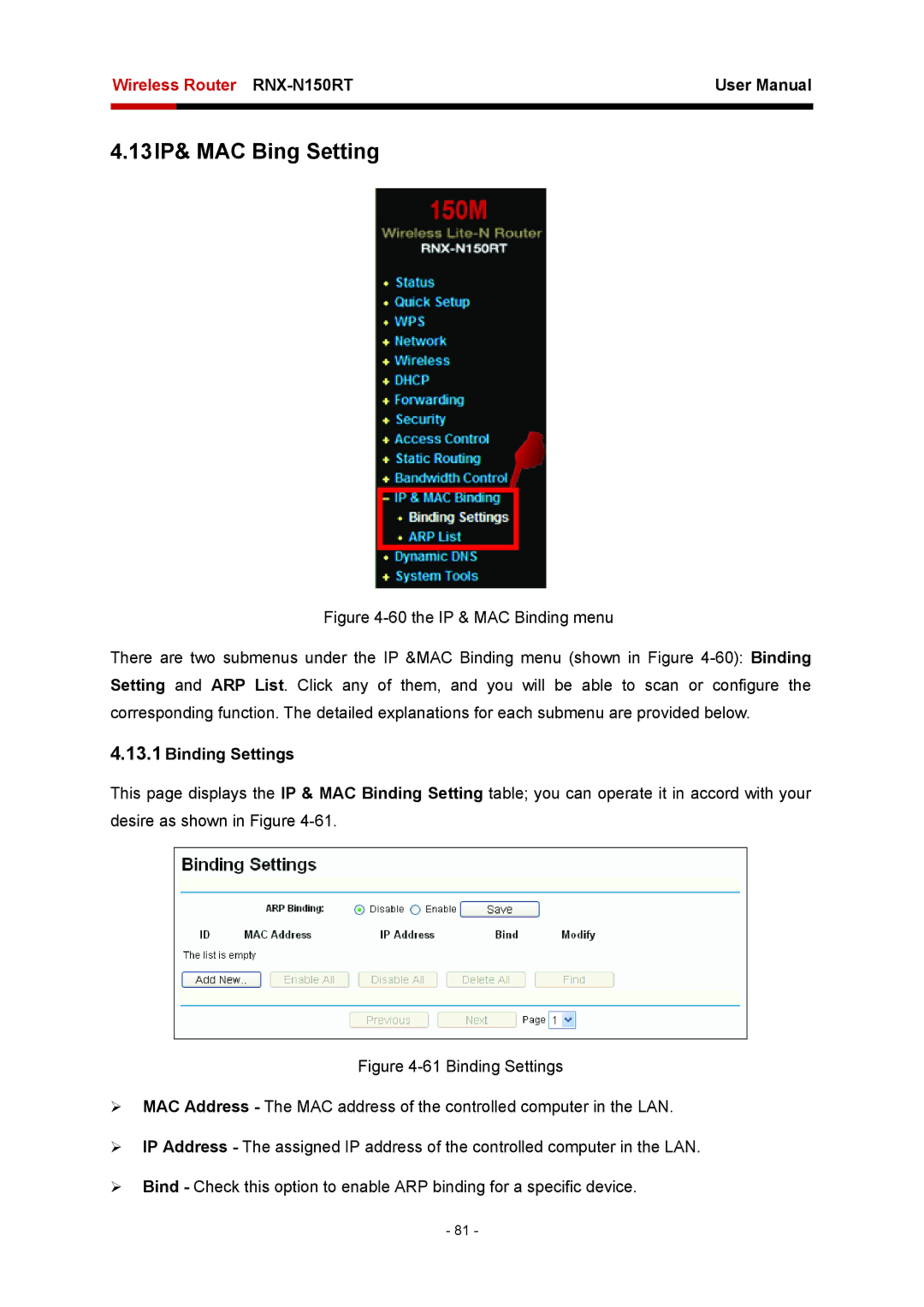 Rosewill RNX-N150RT user manual 13IP& MAC Bing Setting, Binding Settings 