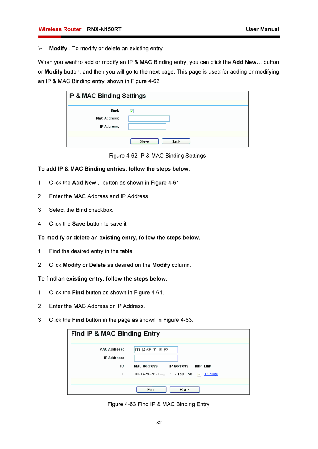 Rosewill RNX-N150RT user manual To add IP & MAC Binding entries, follow the steps below 