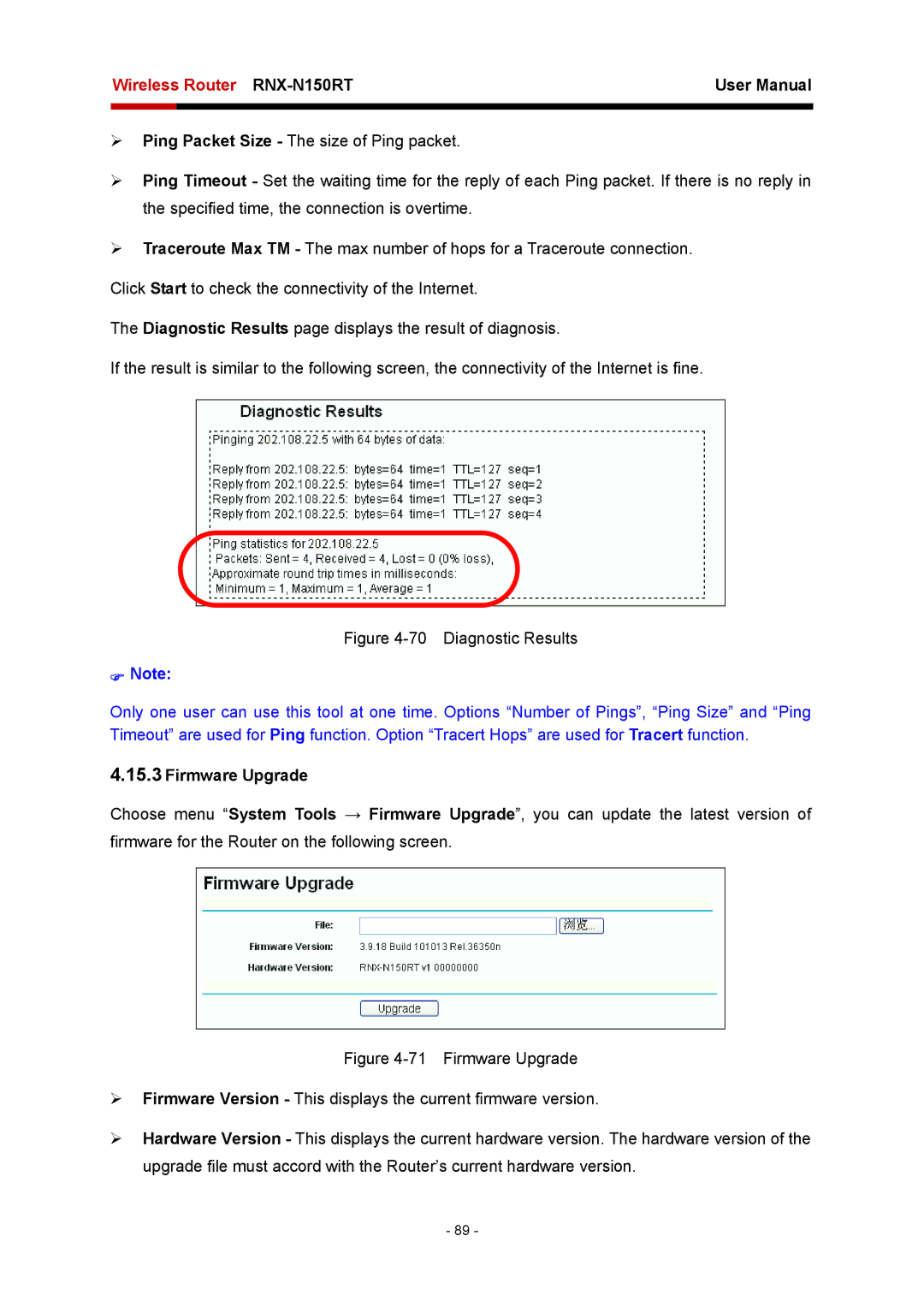 Rosewill RNX-N150RT user manual Diagnostic Results, Firmware Upgrade 