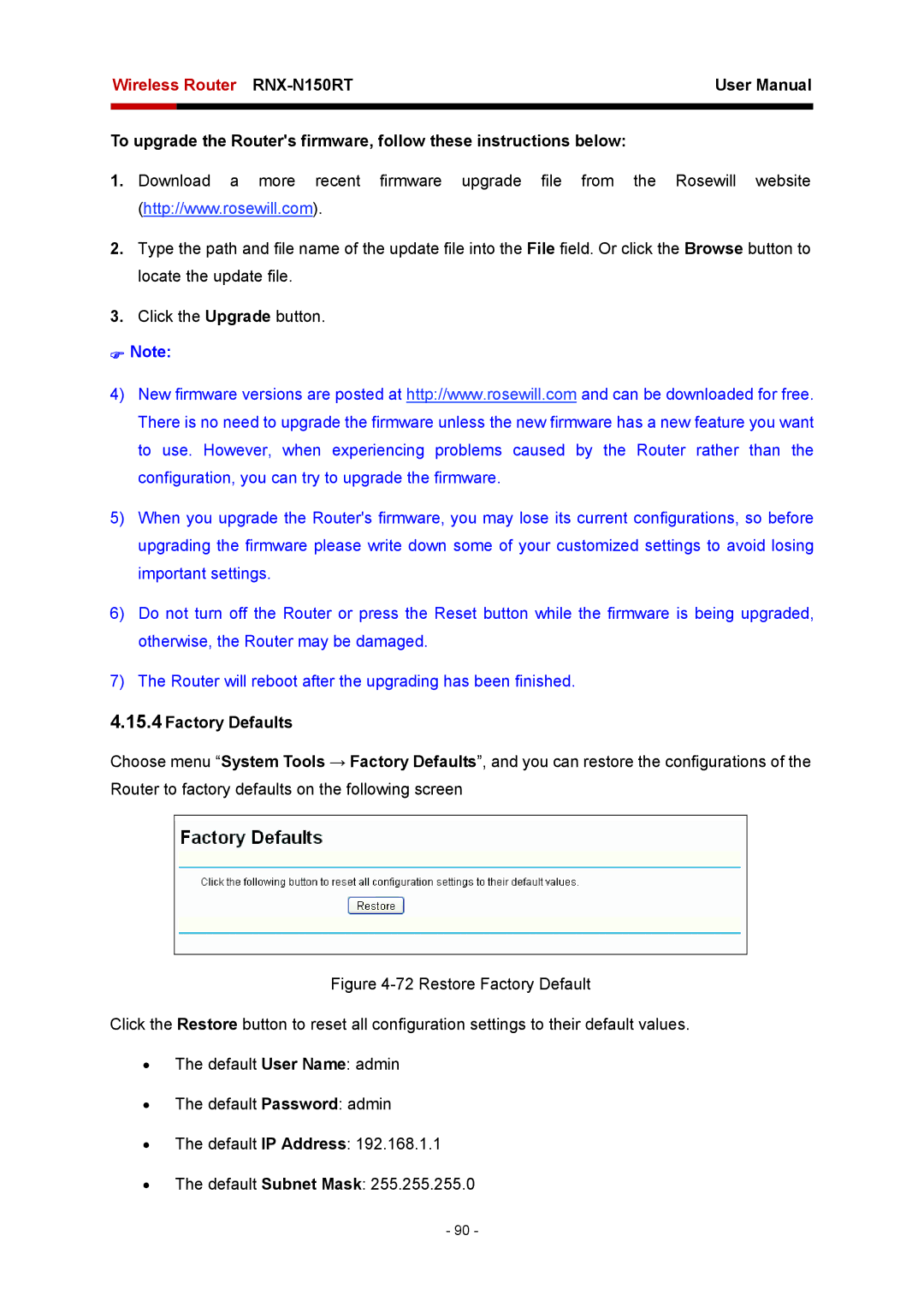 Rosewill RNX-N150RT user manual Factory Defaults 