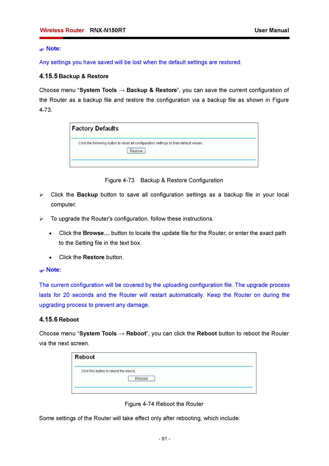 Rosewill RNX-N150RT user manual Backup & Restore, Reboot 