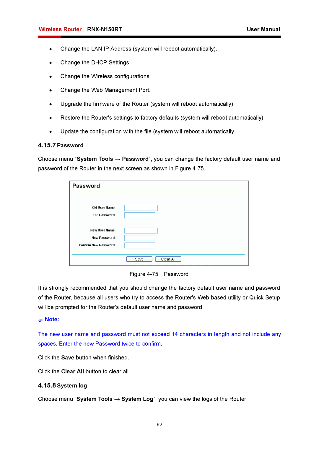 Rosewill RNX-N150RT user manual Password, System log 