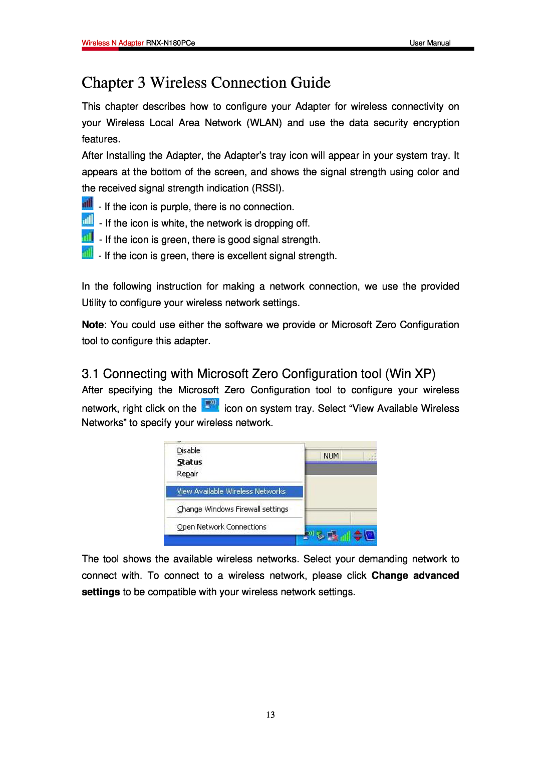 Rosewill RNX-N180PCE user manual Connecting with Microsoft Zero Configuration tool Win XP, Wireless Connection Guide 
