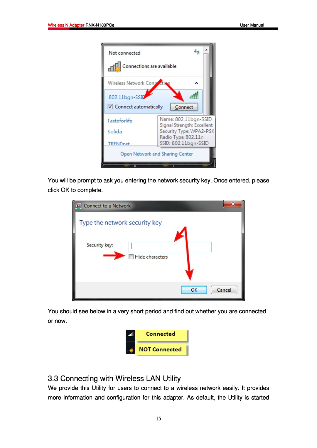 Rosewill RNX-N180PCE user manual Connecting with Wireless LAN Utility 