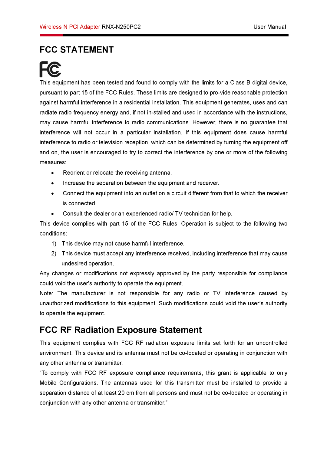 Rosewill RNX-N250PC2 user manual FCC Statement, FCC RF Radiation Exposure Statement 