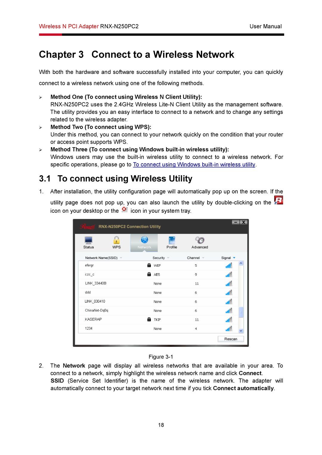 Rosewill RNX-N250PC2 user manual Connect to a Wireless Network, To connect using Wireless Utility 