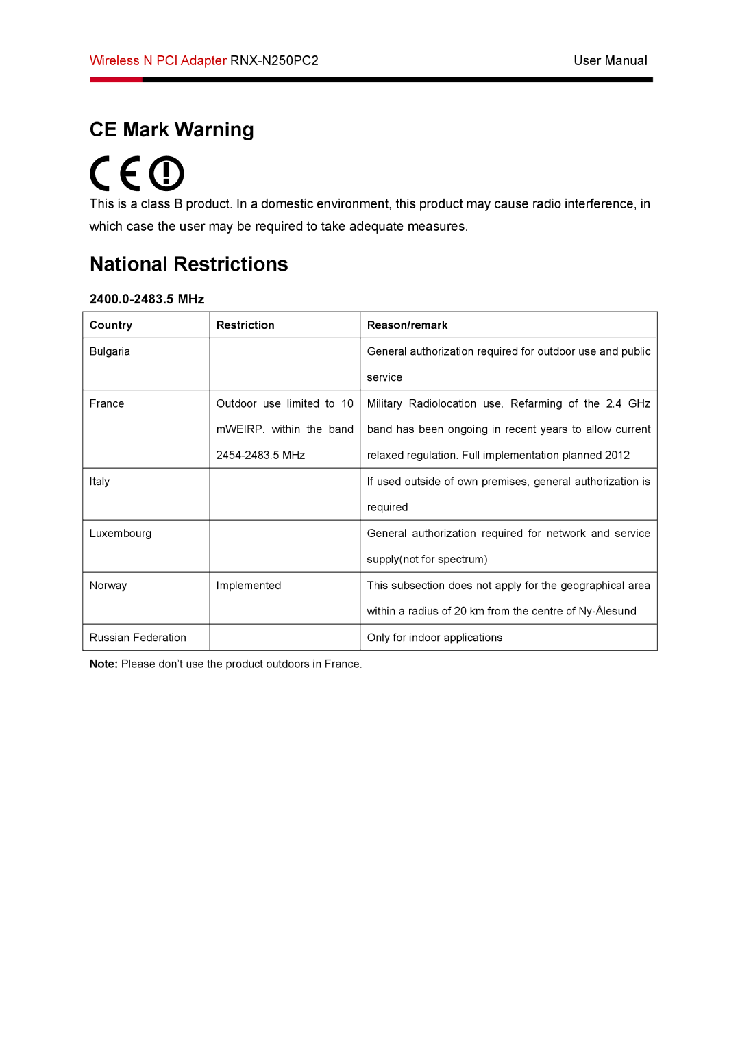 Rosewill RNX-N250PC2 user manual CE Mark Warning, National Restrictions 