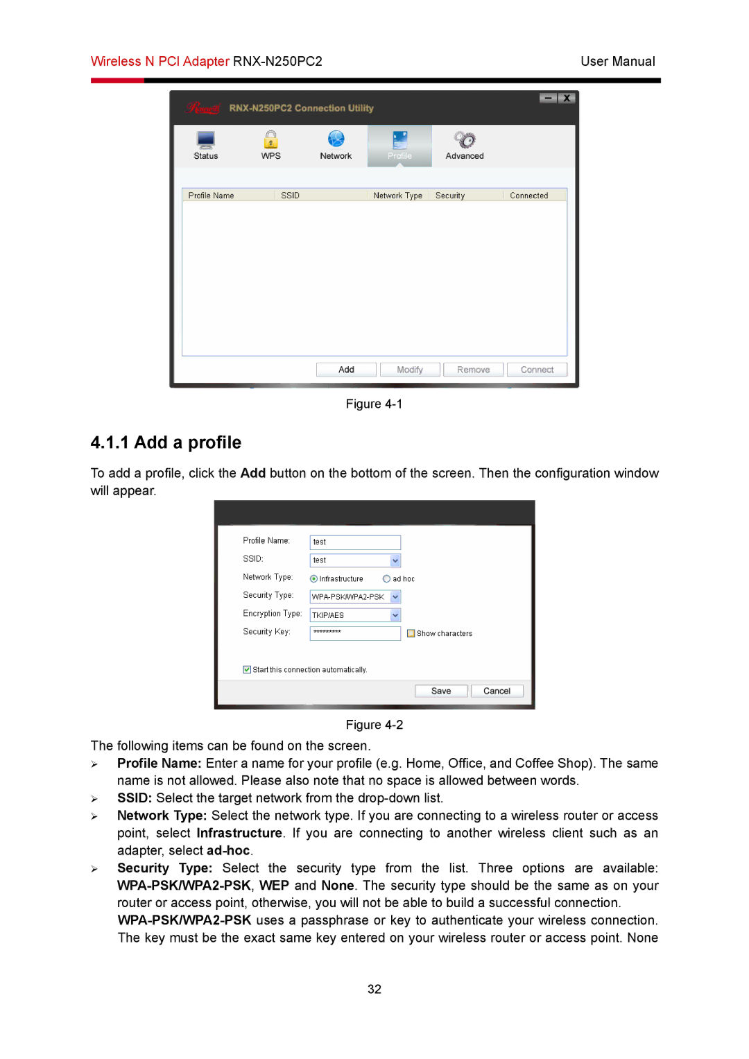 Rosewill RNX-N250PC2 user manual Add a profile 