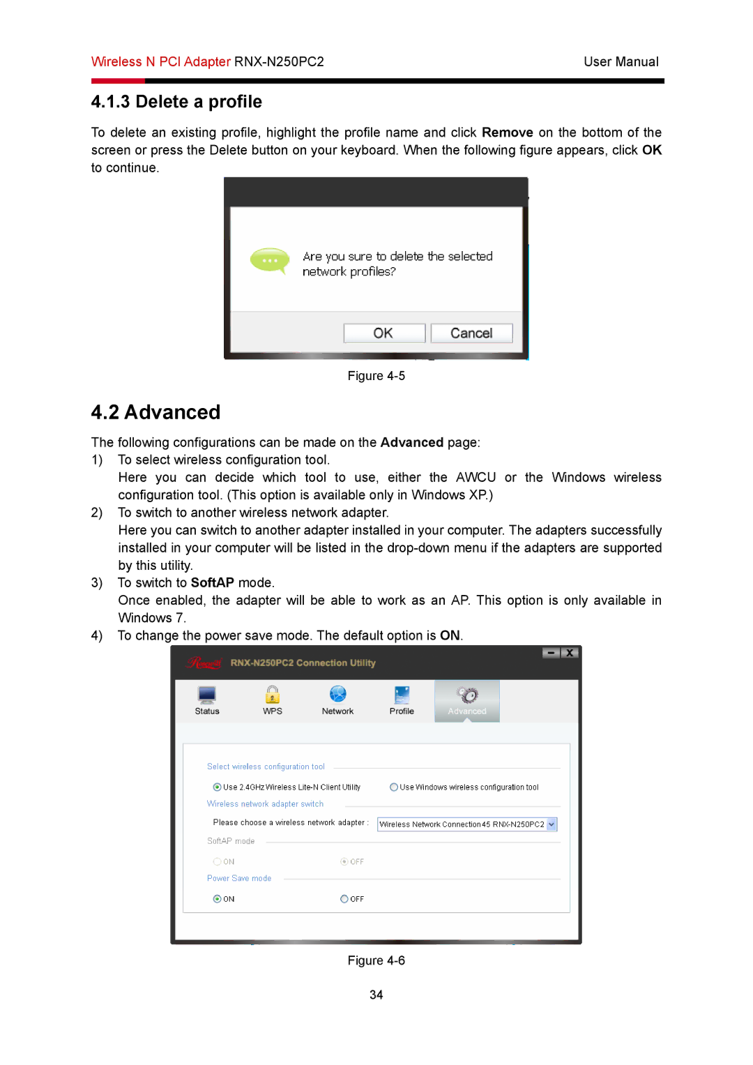 Rosewill RNX-N250PC2 user manual Advanced, Delete a profile 