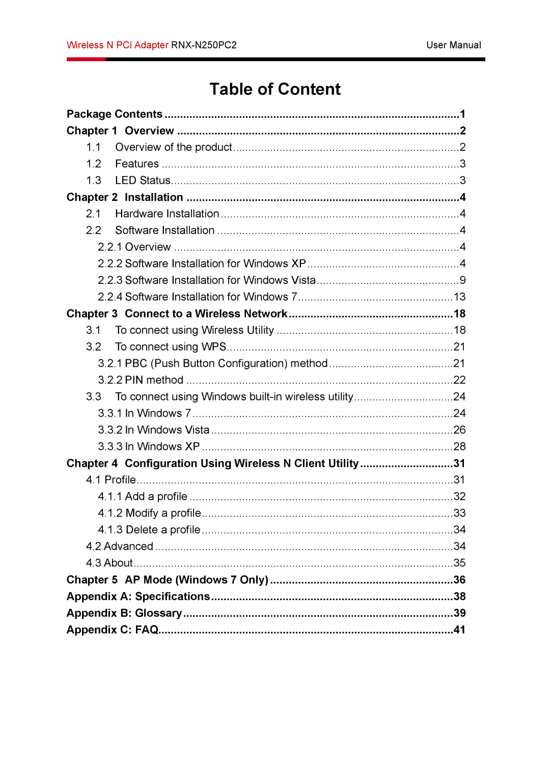 Rosewill RNX-N250PC2 user manual Table of Content, Installation 