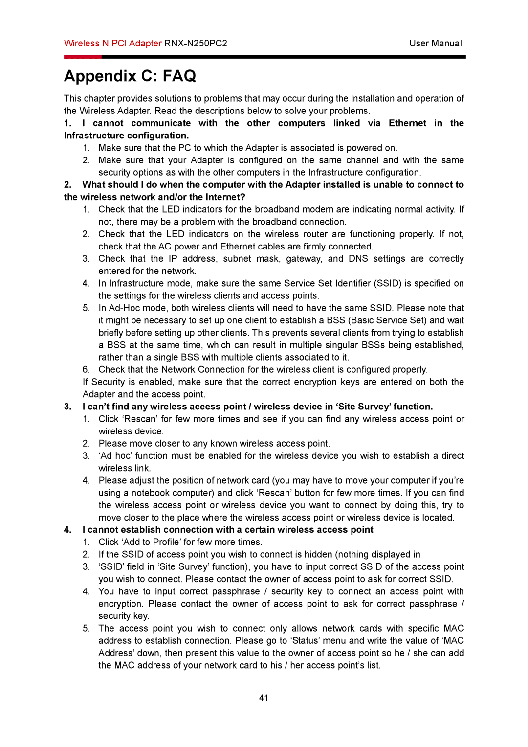 Rosewill RNX-N250PC2 user manual Appendix C FAQ 