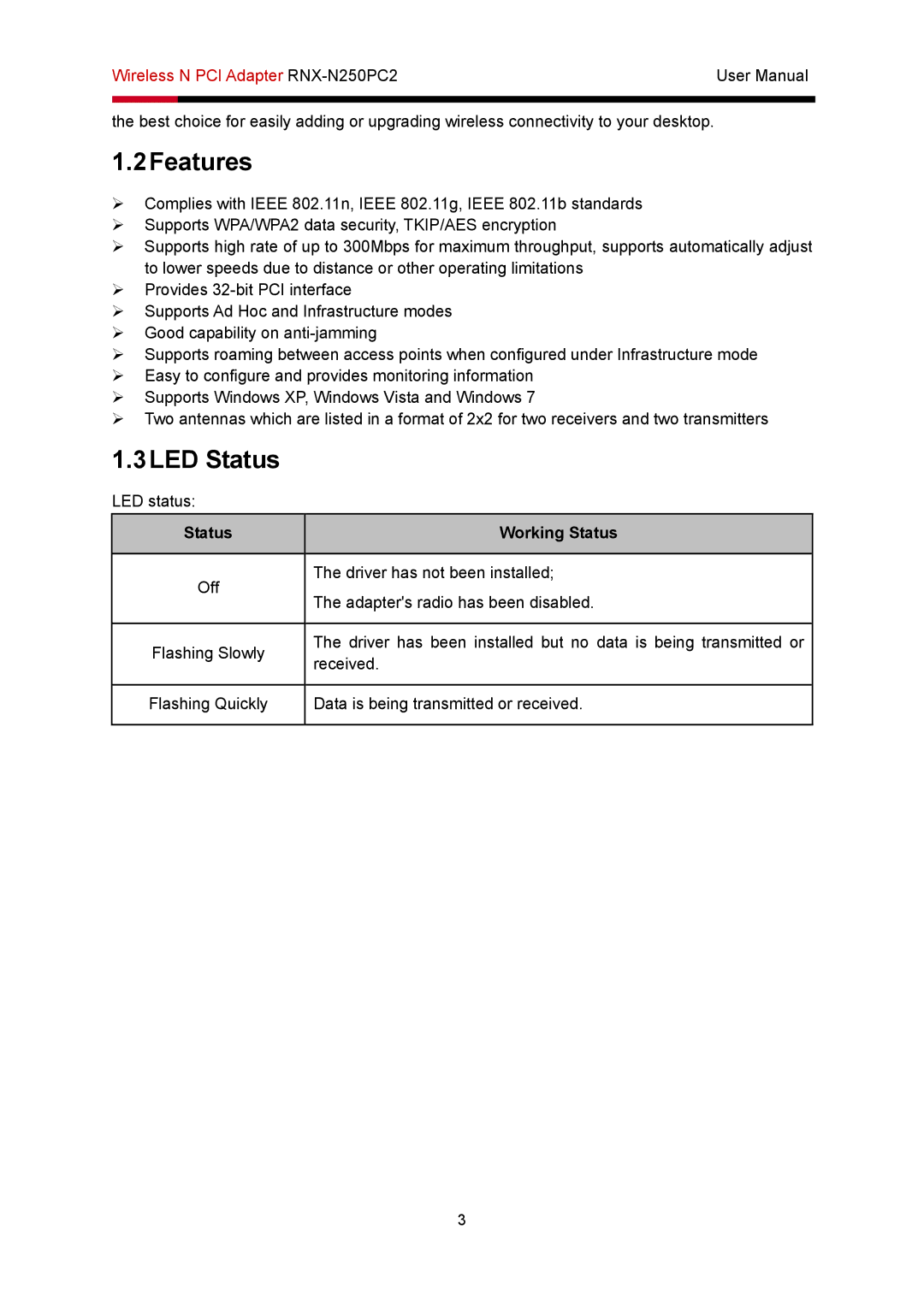 Rosewill RNX-N250PC2 user manual 2Features, 3LED Status 